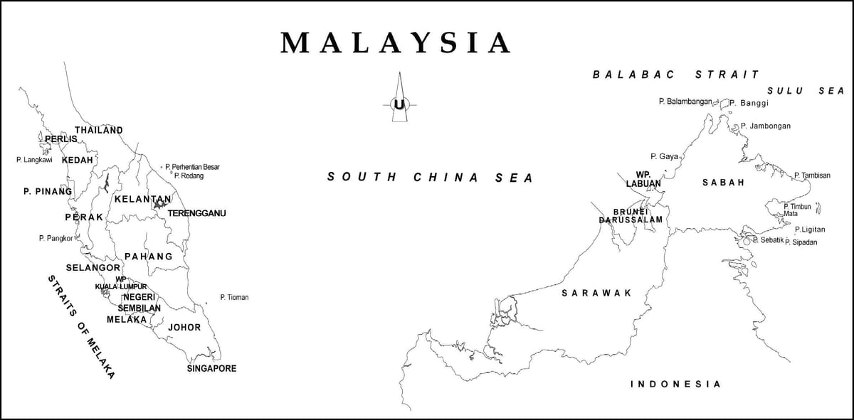 mapa de esbozo de mapa de malaisia con fronteiras do estado